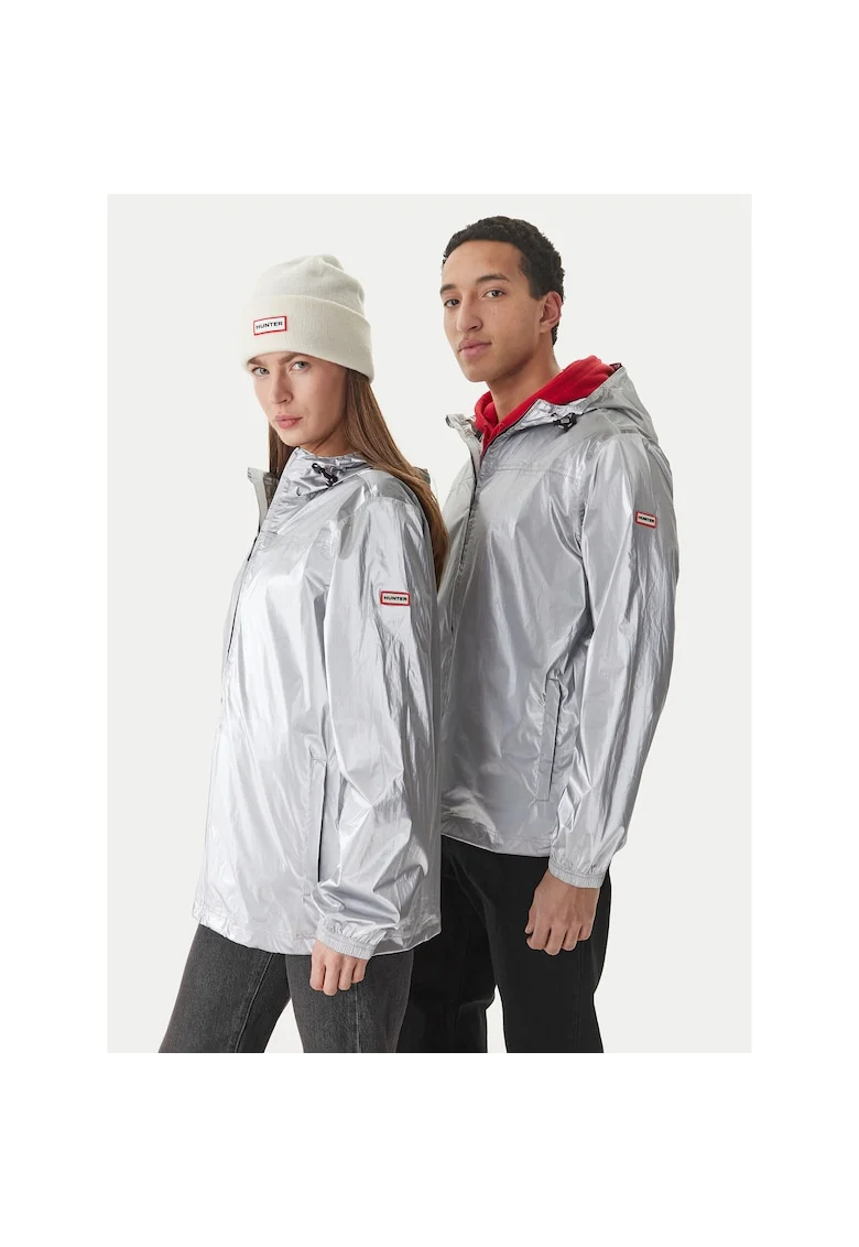 Jacheta de ploaie,  unisex, fermoar, argintiu, nylon