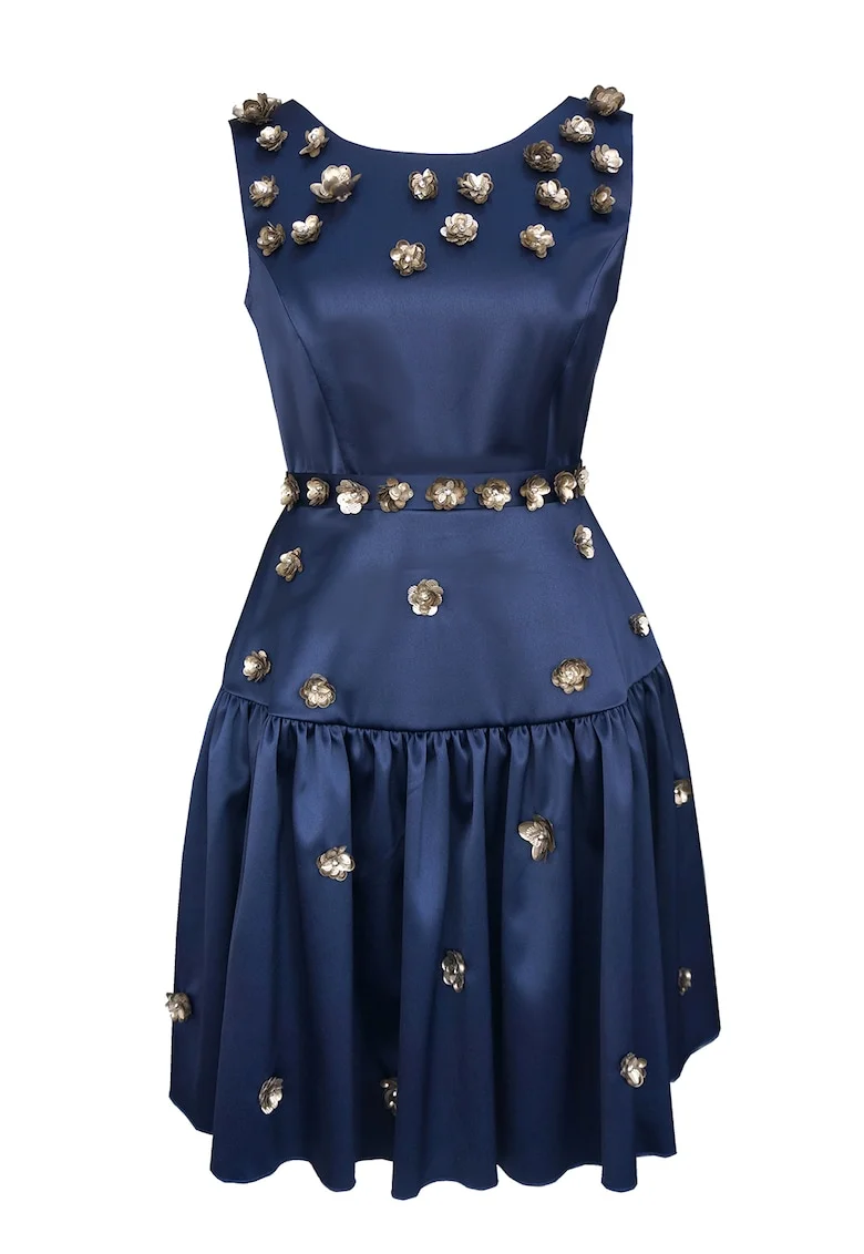 Rochie evazata cu aplicatie florala Marisse, Bleumarin