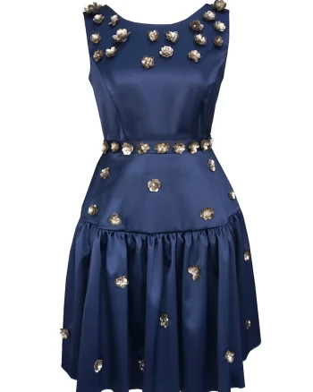 Rochie evazata cu aplicatie florala Marisse, Bleumarin