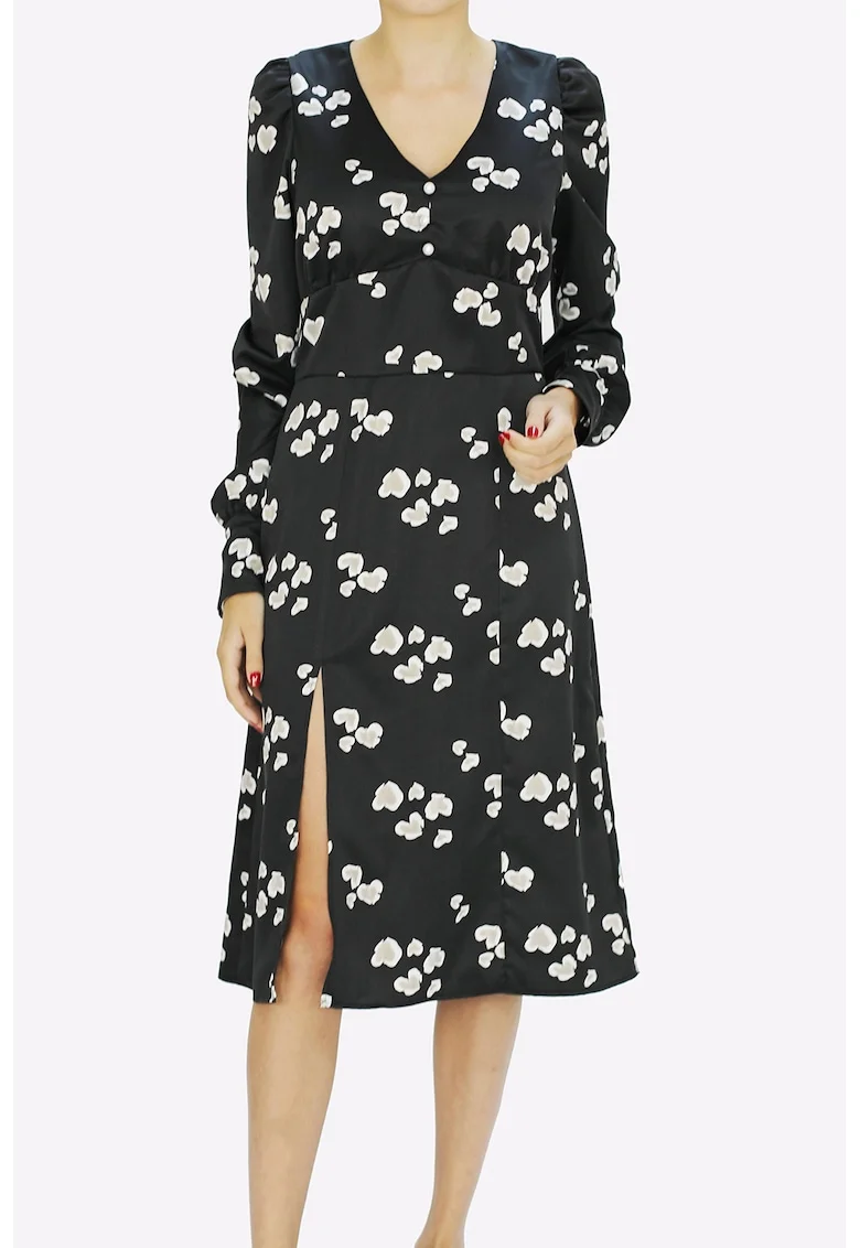 Rochie midi evazata cu maneci lungi Poesie, Alb/Negru