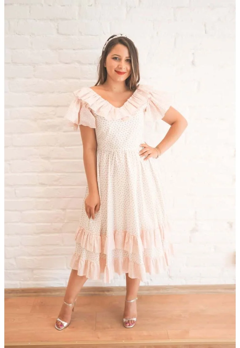 Patricia powder pink and white midi dress, Alb/Roz