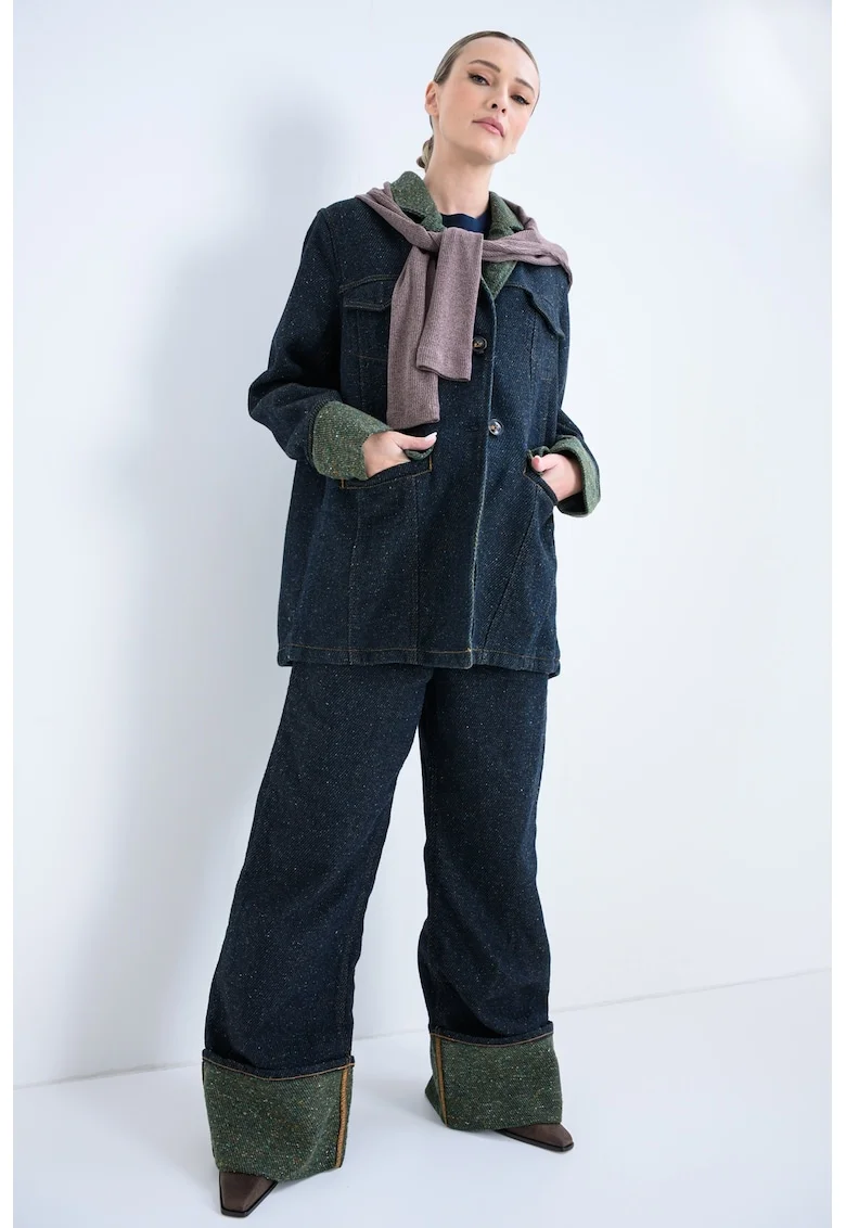 Jacheta din denim cu nopeuri multicolore, Verde pal/Bleumarin
