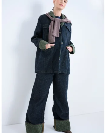 Jacheta din denim cu nopeuri multicolore, Verde pal/Bleumarin