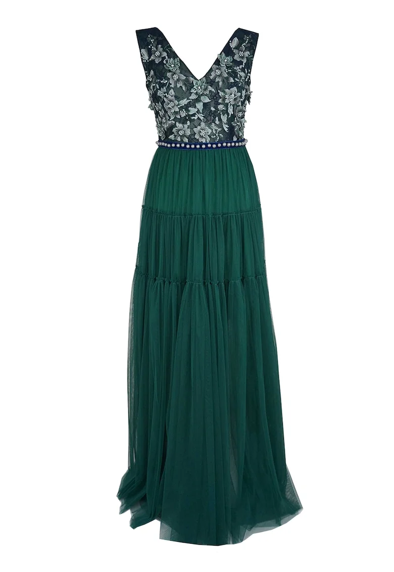 Rochie maxi stratificata cu motive florale brodate, Verde inchis