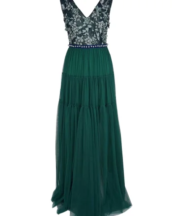 Rochie maxi stratificata cu motive florale brodate, Verde inchis