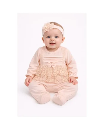 Salopeta fetita roz eleganta bumbac cu dantela si bentita set premium