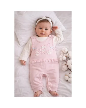 Salopeta bebe fetita roz bumbac cu bluza integrata broderie delicata inchidere capse