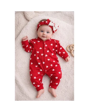 Salopeta bebe fetita rosie cu inimioare bumbac maneca lunga cu bentita inclusa