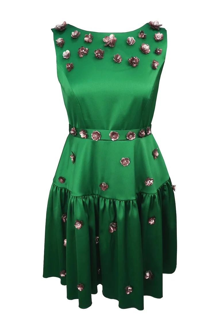 Rochie evazata cu aplicatie florala Marisse, Verde