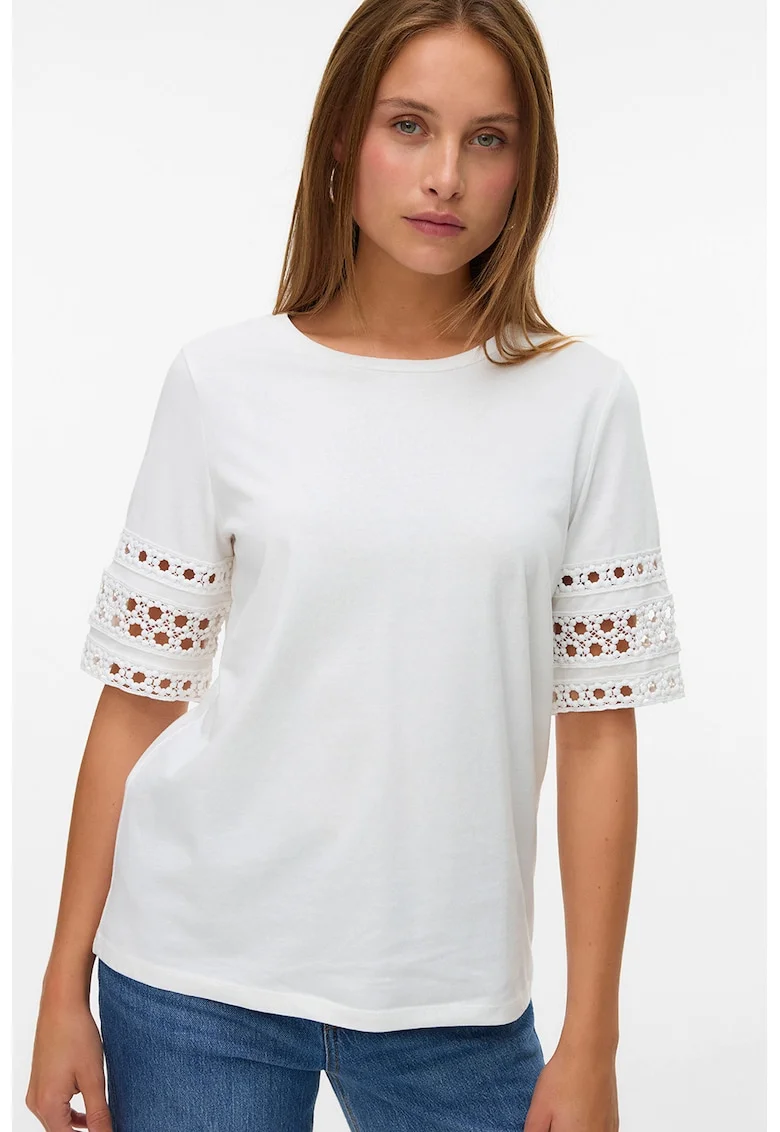 Tricou cu decolteu rotund si maneci cu broderii, Alb optic