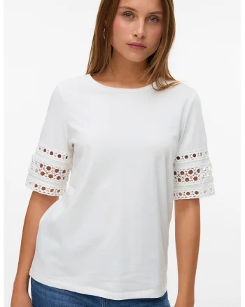 Tricou cu decolteu rotund si maneci cu broderii, Alb optic