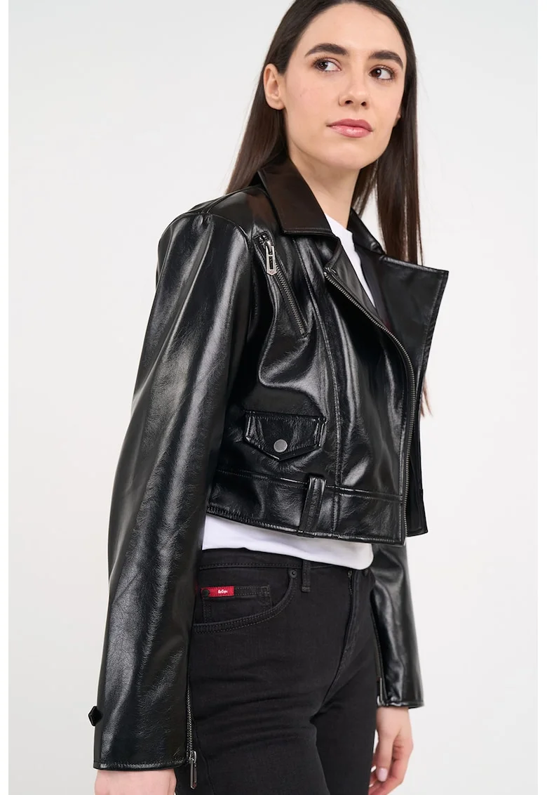 Jacheta biker crop cu revere decupate, Negru