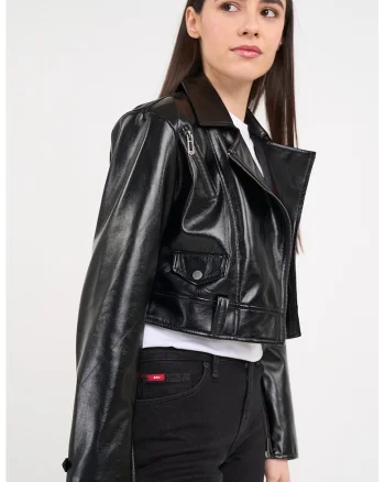 Jacheta biker crop cu revere decupate, Negru