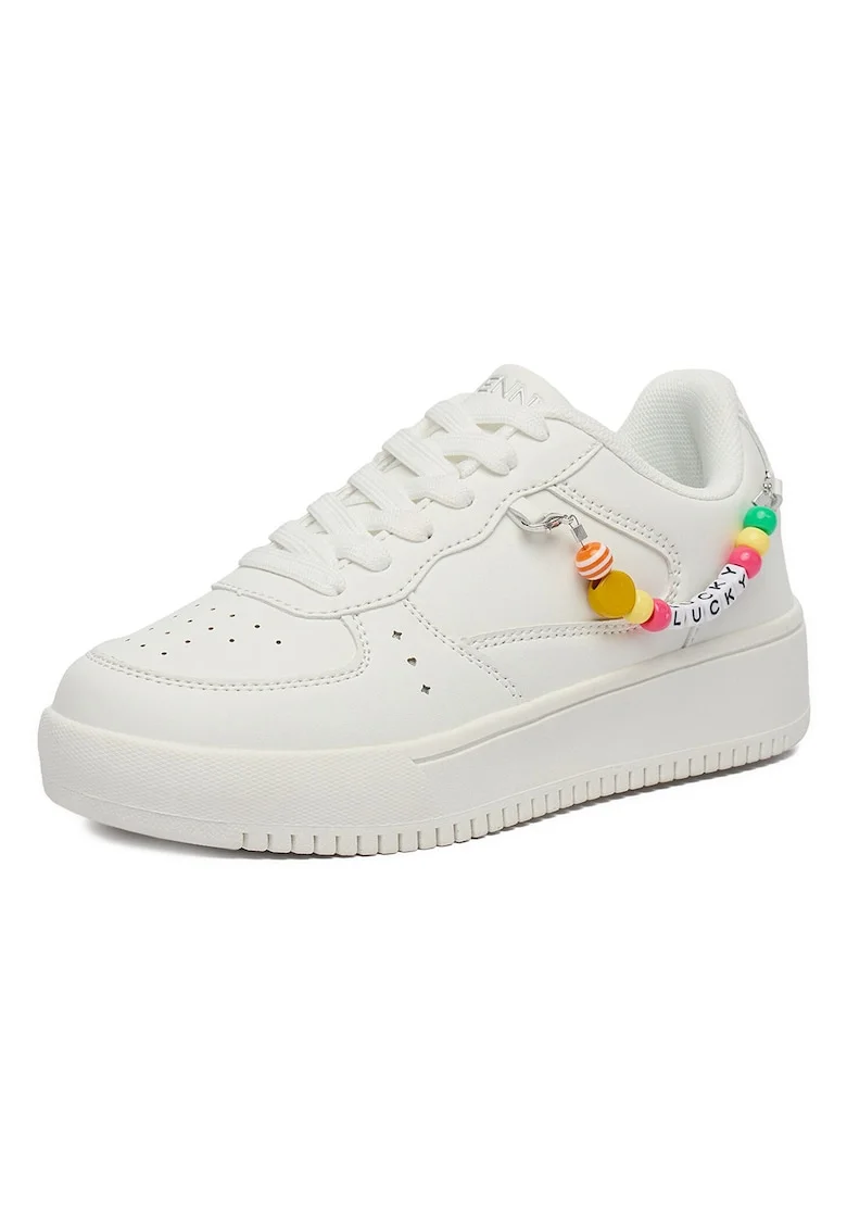 Pantofi sport copii,  piele ecologica, alb, talpa groasa, decoratiuni cu margele