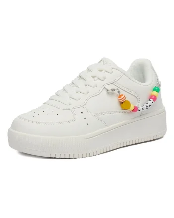 Pantofi sport copii,  piele ecologica, alb, talpa groasa, decoratiuni cu margele