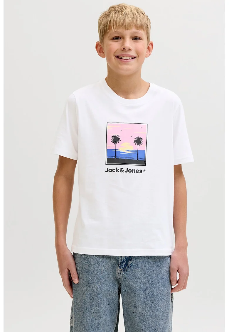 Tricou din bumbac cu decolteu la baza gatului si imprimeu, Alb/Roz pastel/Negru stins/Albastru royal