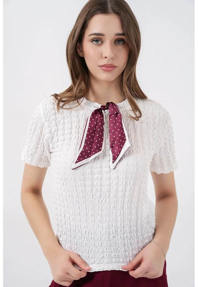 Tricou dama  guler rotund, detaliu cu funda, alb, jerseu