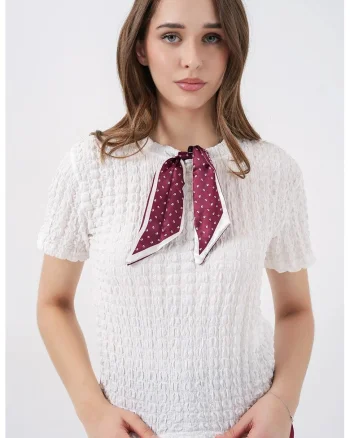 Tricou dama  guler rotund, detaliu cu funda, alb, jerseu