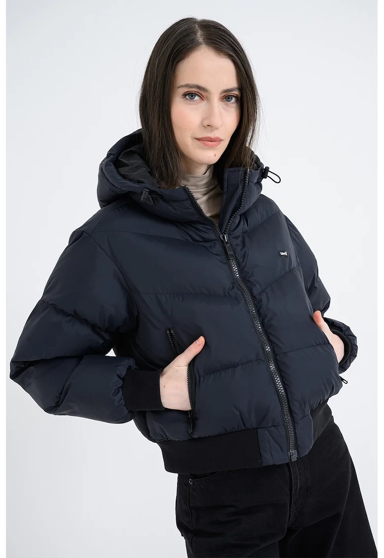 Geaca crop matlasata cu gluga, Negru