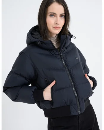 Geaca crop matlasata cu gluga, Negru