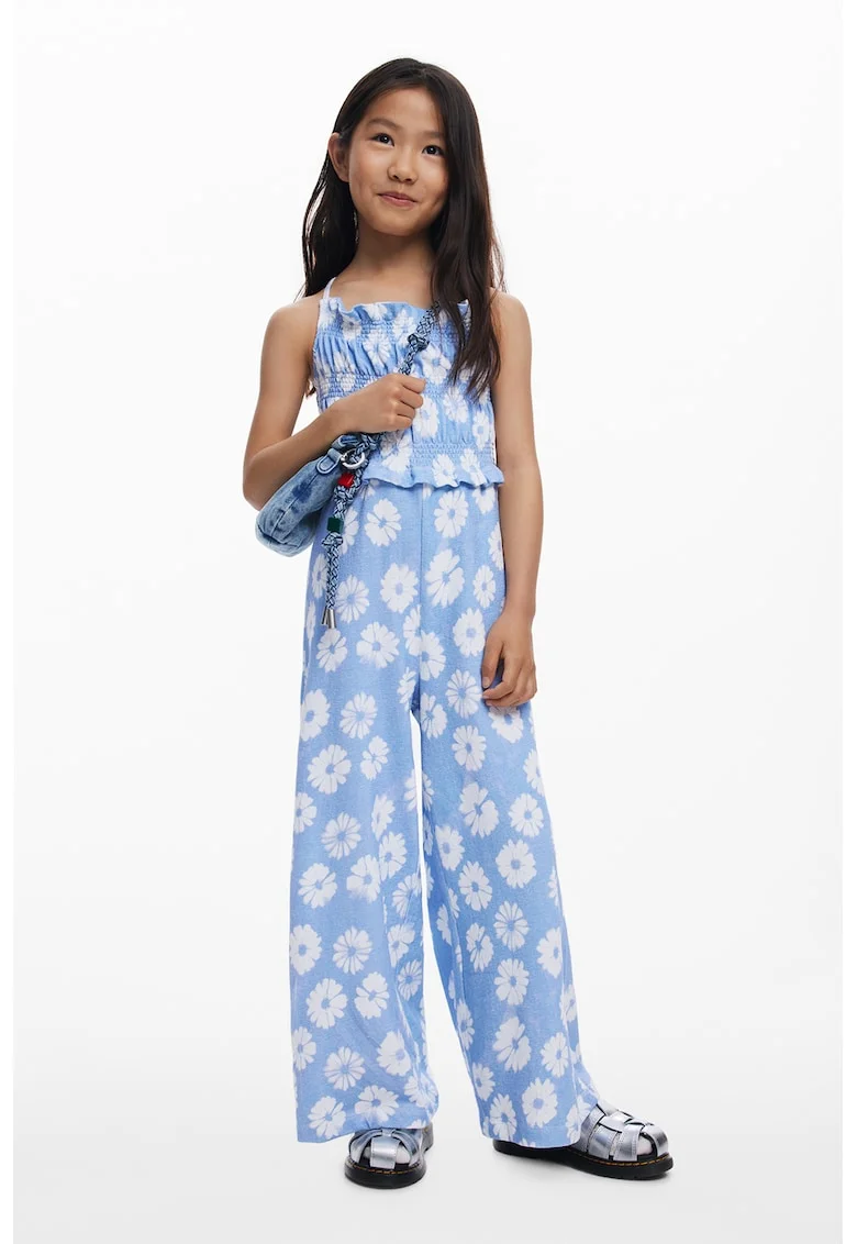 Salopeta lunga cu model floral, Albastru pastel/Alb murdar