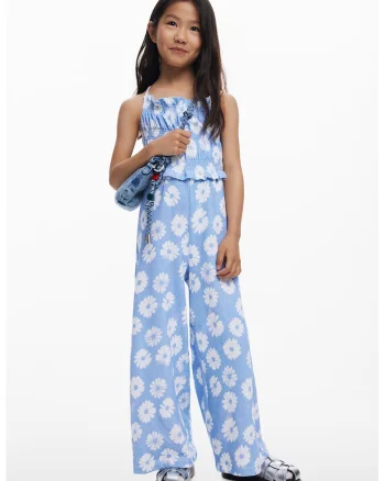 Salopeta lunga cu model floral, Albastru pastel/Alb murdar