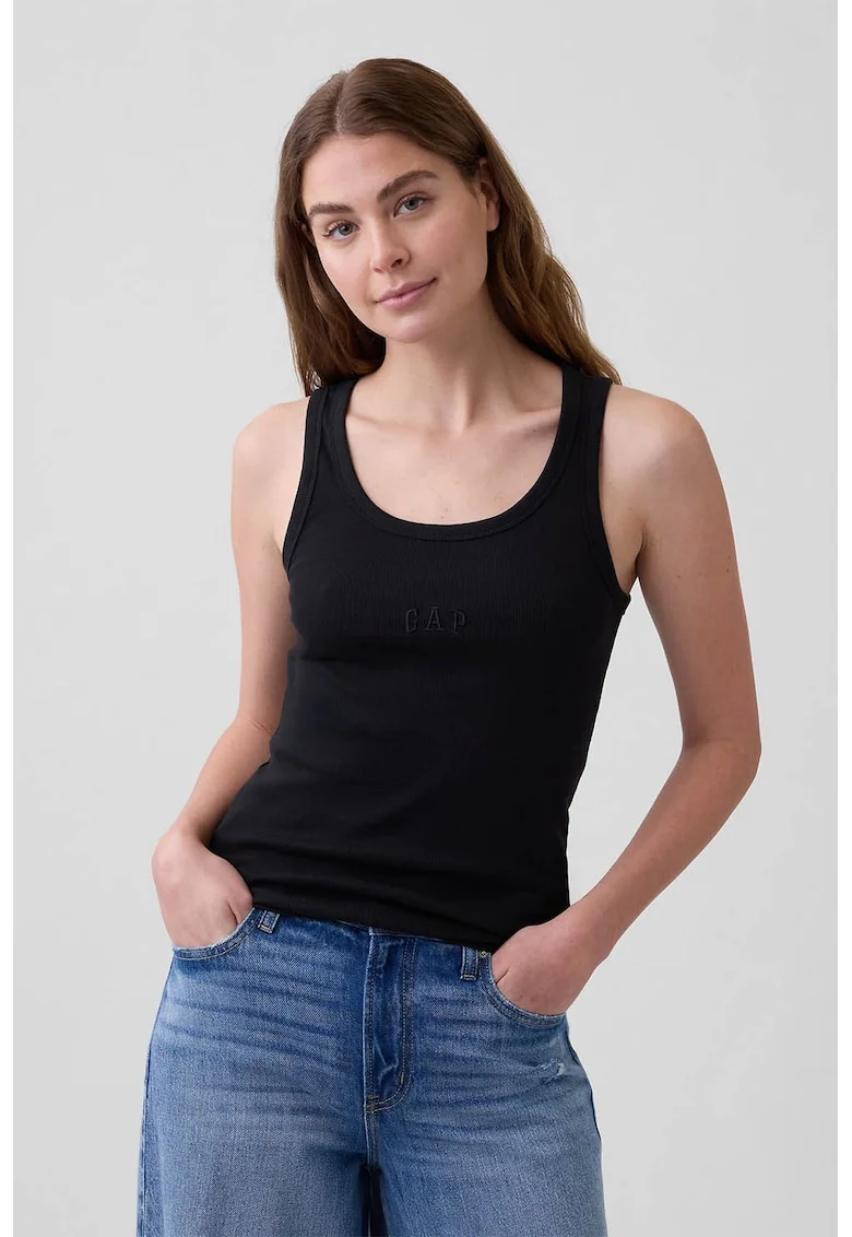 Top striat cu decolteu rotund, Negru