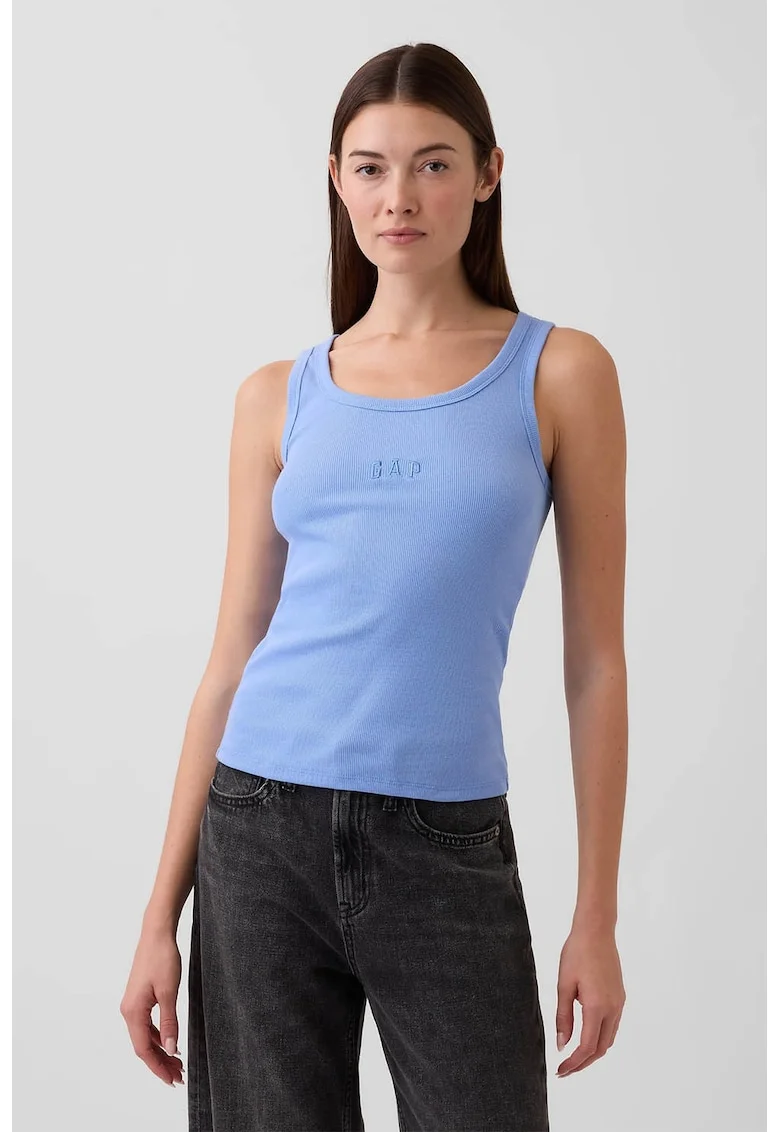 Top striat cu decolteu rotund, Albastru pastel