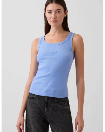 Top striat cu decolteu rotund, Albastru pastel