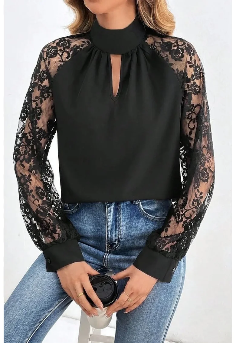 Bluza dama,  guler inalt, detaliu elastic, negru, amestec bumbac, poliester, elastan