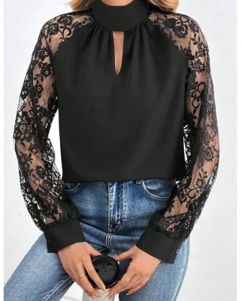 Bluza dama,  guler inalt, detaliu elastic, negru, amestec bumbac, poliester, elastan