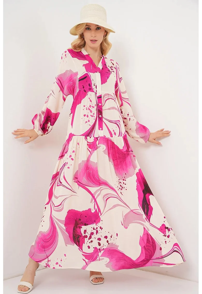 Rochie maxi  cu imprimeu, decolteu in V, roz, viscoza