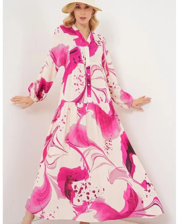 Rochie maxi  cu imprimeu, decolteu in V, roz, viscoza