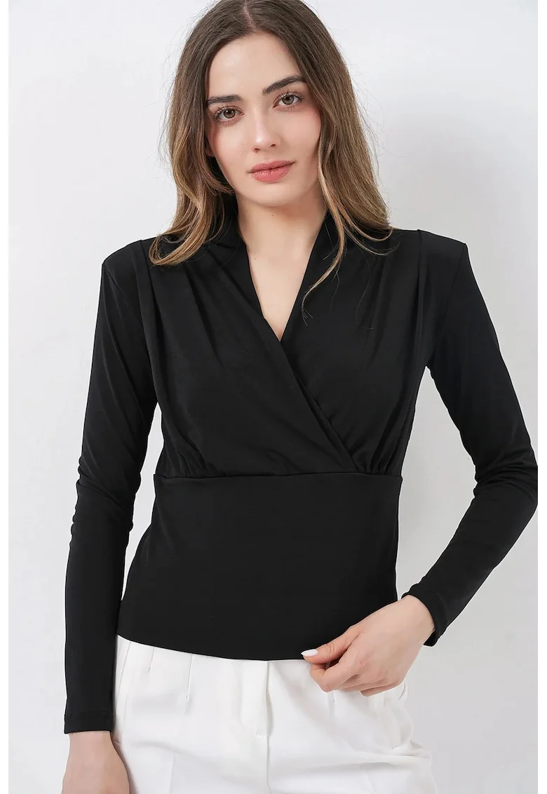 Bluza dama,  decolteu in V, drapaj, jerseu, Negru