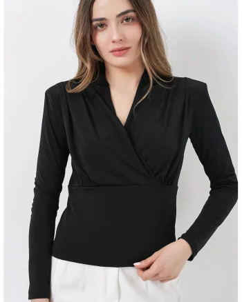 Bluza dama,  decolteu in V, drapaj, jerseu, Negru
