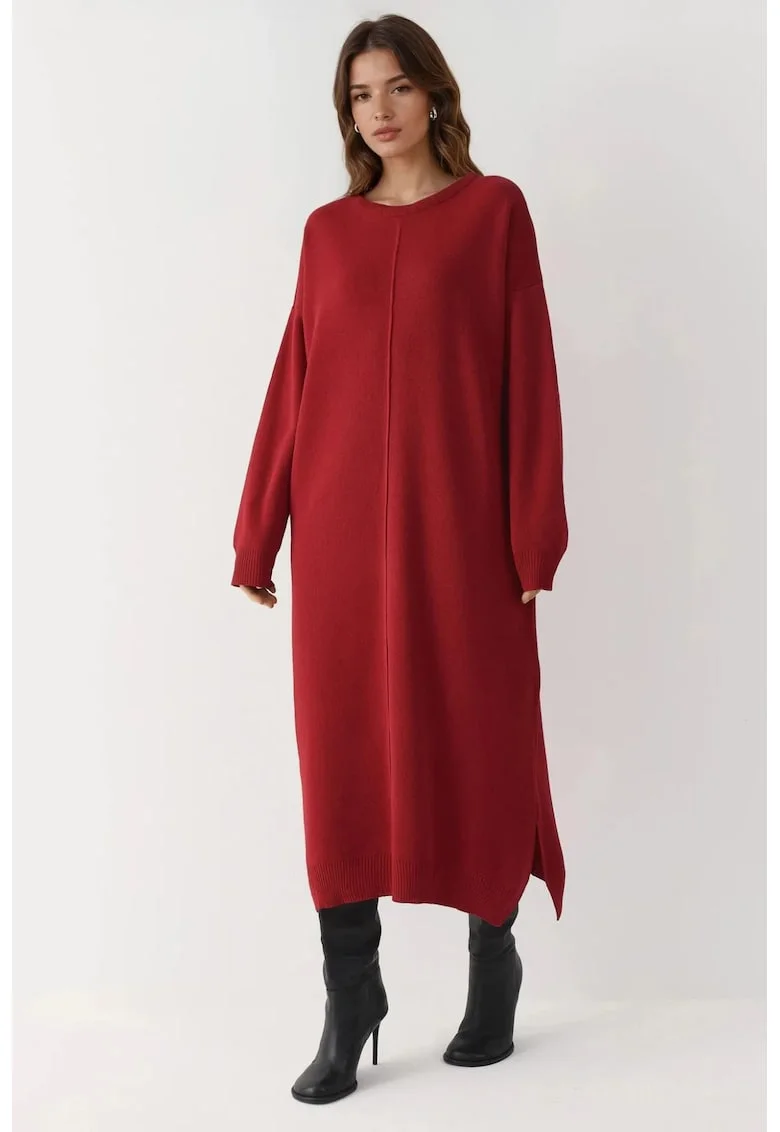Rochie tricotata,  lunga, cu nervuri texturate, rosu, tricot,