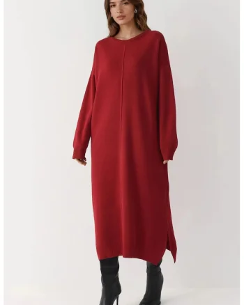 Rochie tricotata,  lunga, cu nervuri texturate, rosu, tricot,
