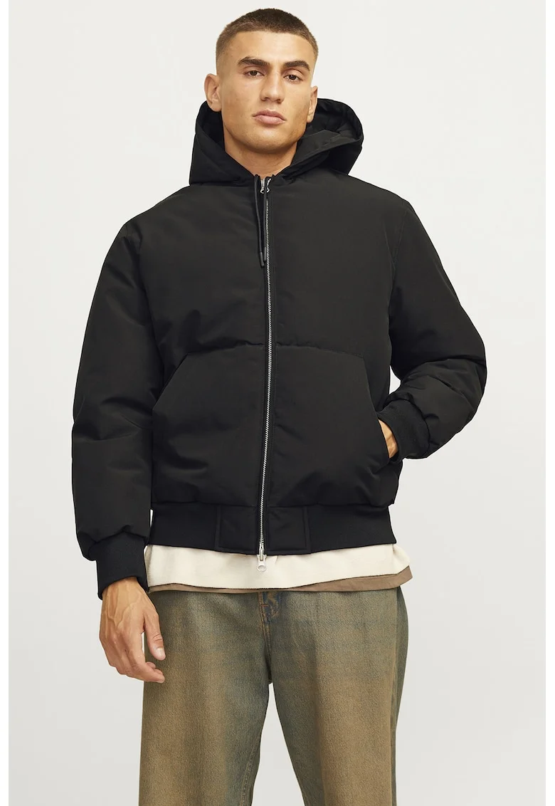 Geaca bomber cu gluga, Negru