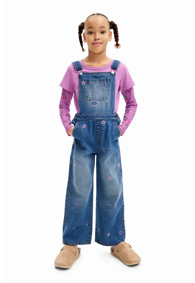 Salopeta de denim cu detalii floare, Albastru inchis