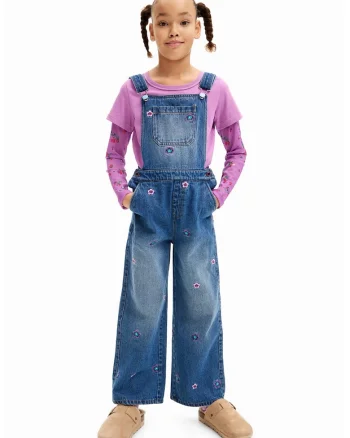 Salopeta de denim cu detalii floare, Albastru inchis