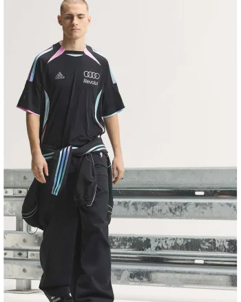 Tricou cu logo si decolteu la baza gatului, Negru/Lila/Albastru glaciar