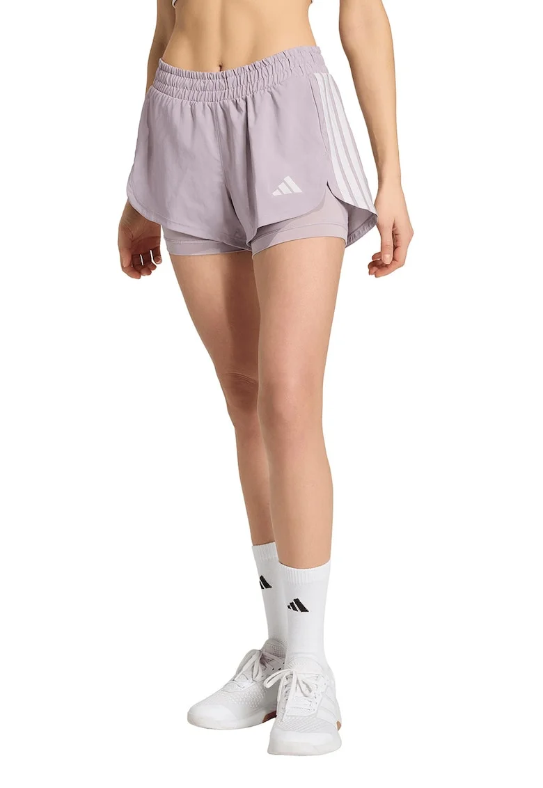 Pantaloni scurti cu model 2 in 1 si colanti interiori pentru fitness, Alb/Liliac prafuit