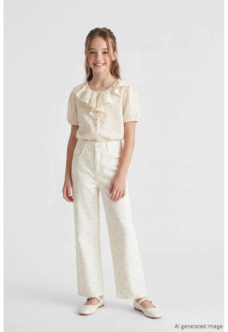 Pantaloni drepti cu model floral, Alb fildes/Liliac prafuit