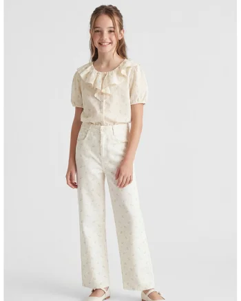 Pantaloni drepti cu model floral, Alb fildes/Liliac prafuit