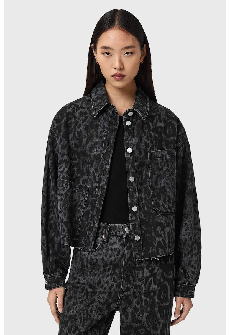 Jacheta din denim si amestec de lyocell cu animal print, Negru/Gri