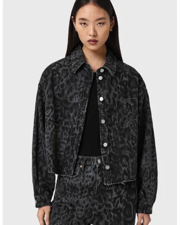 Jacheta din denim si amestec de lyocell cu animal print, Negru/Gri