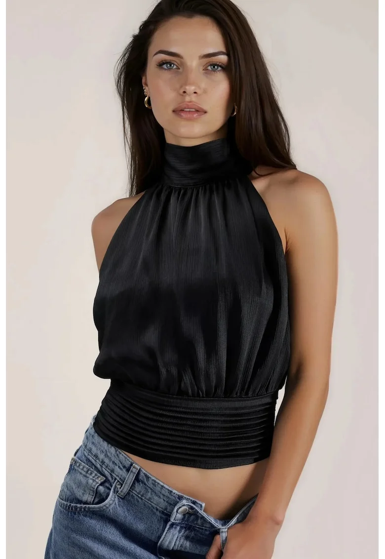 Top scurt  guler halter, negru, satin