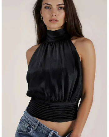Top scurt  guler halter, negru, satin