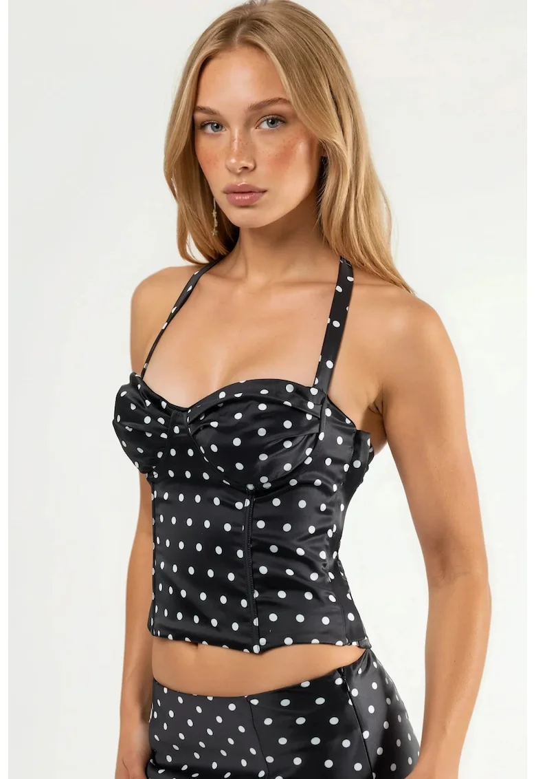 Top dama,  top scurt cu guler inima si buline, negru, jerseu