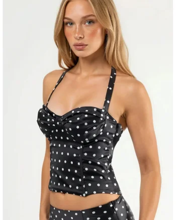 Top dama,  top scurt cu guler inima si buline, negru, jerseu